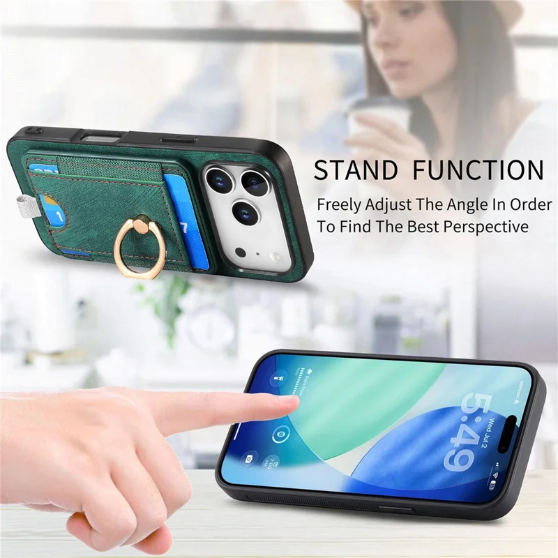 For iPhone 17 Pro Magnetic Case PU Leather Back Cover with Detachable Card Holder - Green
