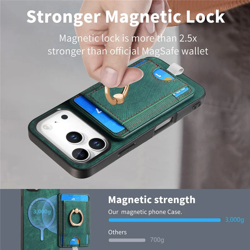 For iPhone 17 Pro Magnetic Case PU Leather Back Cover with Detachable Card Holder - Green