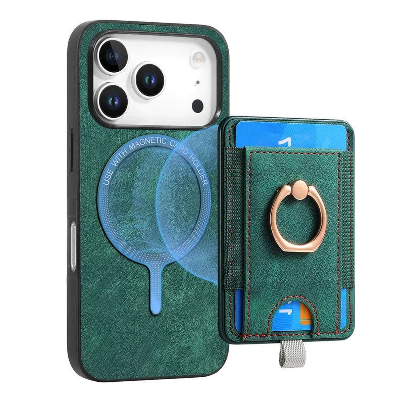 For iPhone 17 Pro Magnetic Case PU Leather Back Cover with Detachable Card Holder - Green