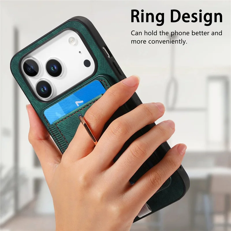 For iPhone 17 Pro Magnetic Case PU Leather Back Cover with Detachable Card Holder - Green