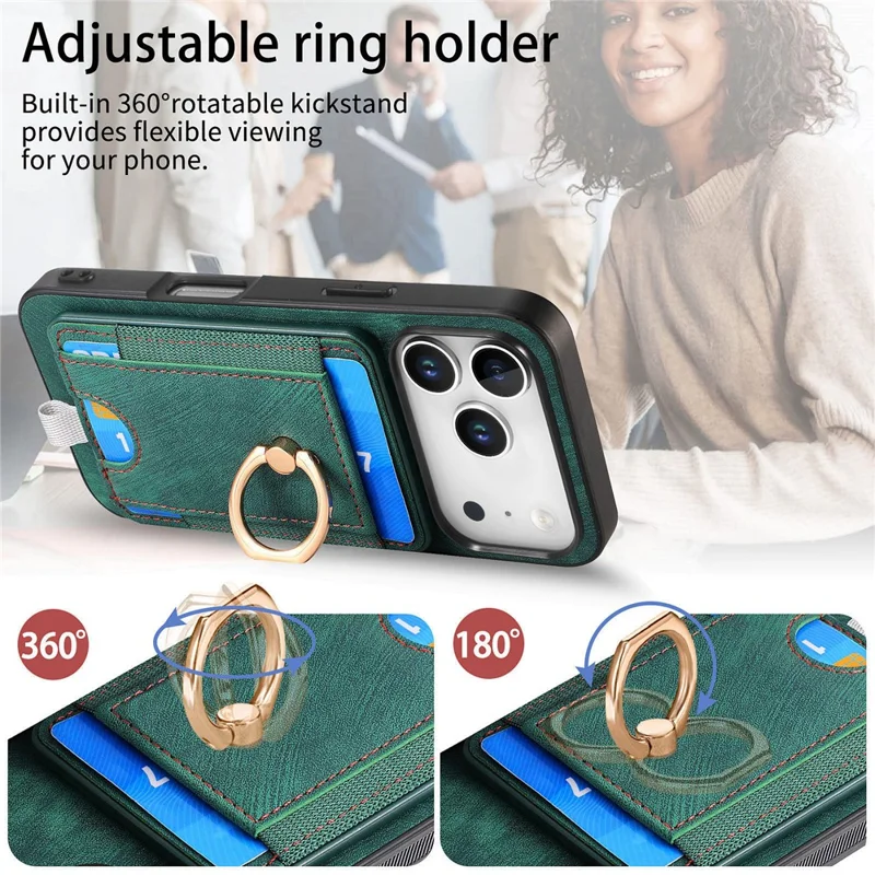 For iPhone 17 Pro Magnetic Case PU Leather Back Cover with Detachable Card Holder - Green