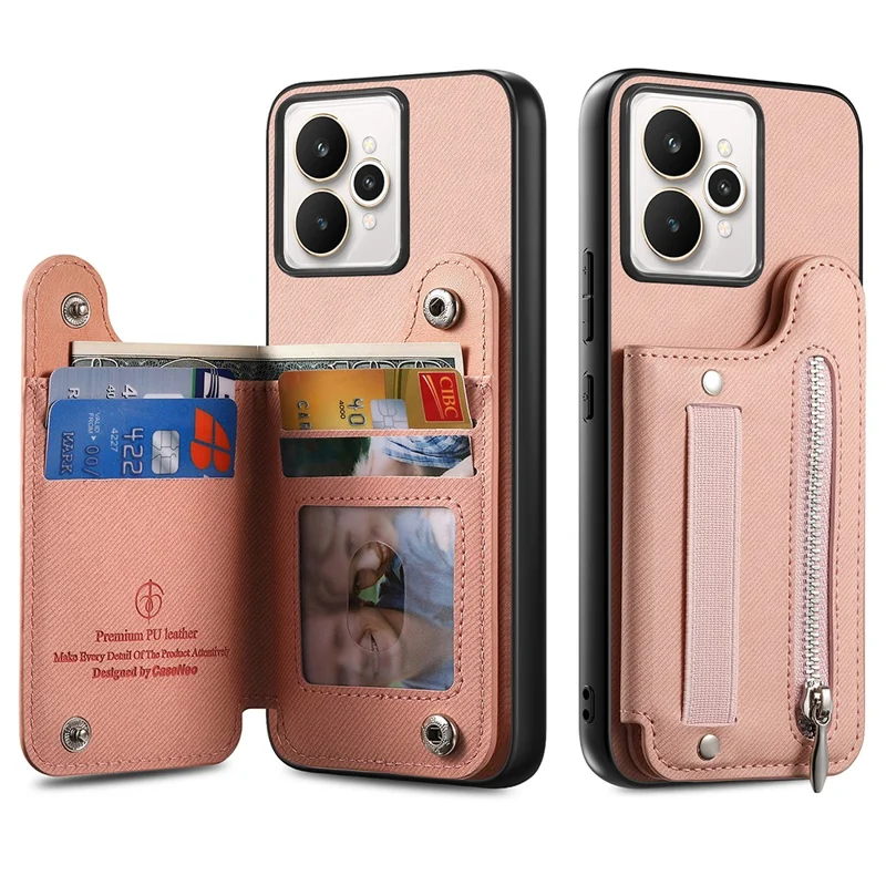 For Realme 15 5G Case RFID Blocking Card Holder Jeans Cloth Texture Leather Back Cover with Elastic Wristband - Pink