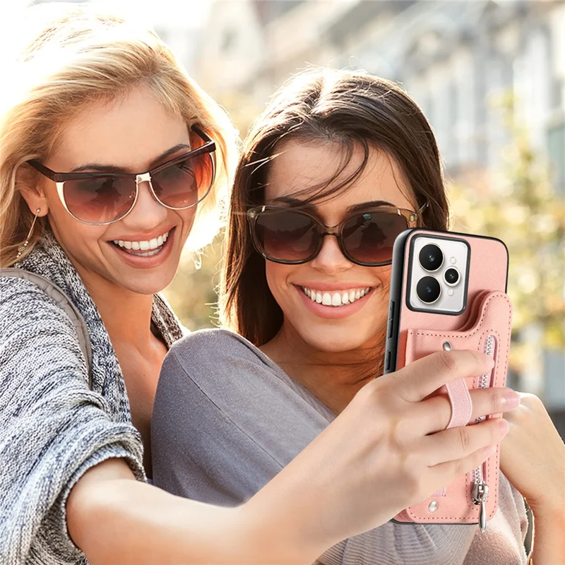 For Realme 15 5G Case RFID Blocking Card Holder Jeans Cloth Texture Leather Back Cover with Elastic Wristband - Pink