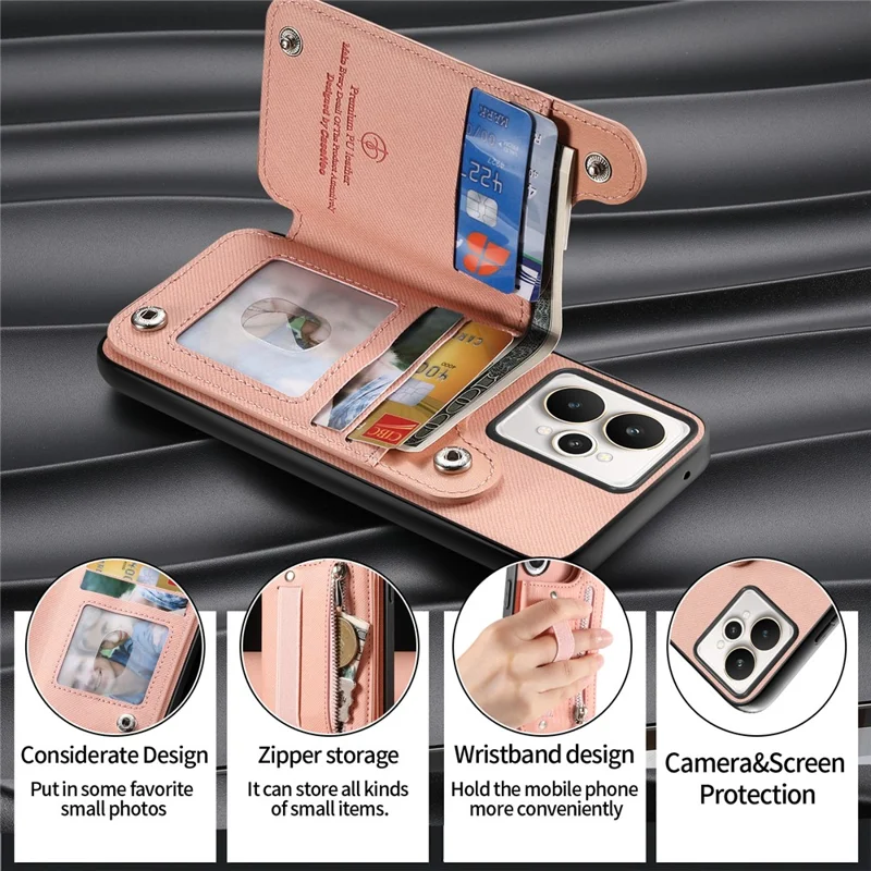 For Realme 15 5G Case RFID Blocking Card Holder Jeans Cloth Texture Leather Back Cover with Elastic Wristband - Pink