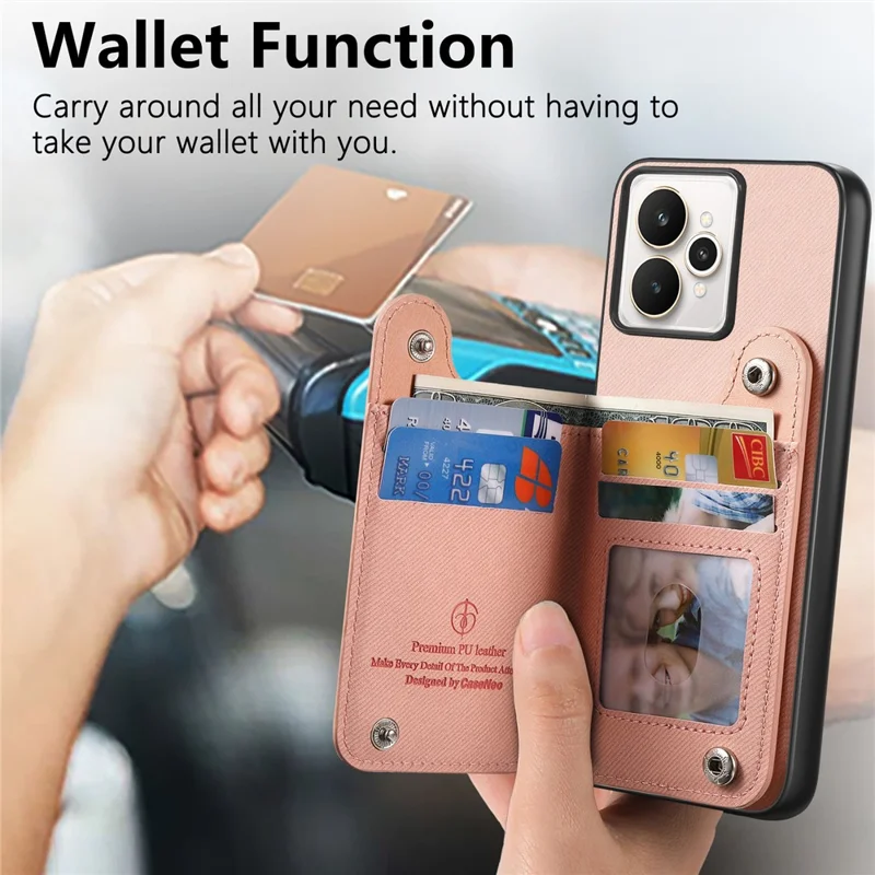 For Realme 15 5G Case RFID Blocking Card Holder Jeans Cloth Texture Leather Back Cover with Elastic Wristband - Pink