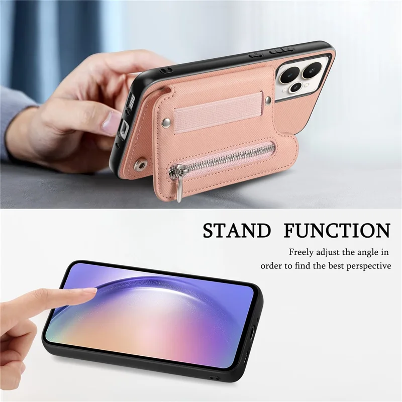 For Realme 15 5G Case RFID Blocking Card Holder Jeans Cloth Texture Leather Back Cover with Elastic Wristband - Pink