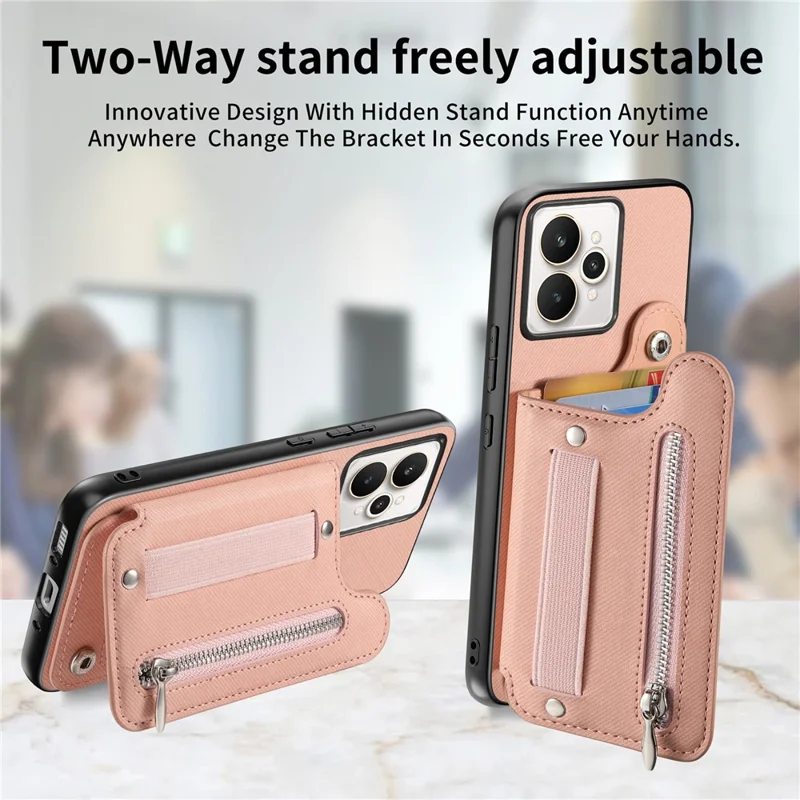 For Realme 15 5G Case RFID Blocking Card Holder Jeans Cloth Texture Leather Back Cover with Elastic Wristband - Pink