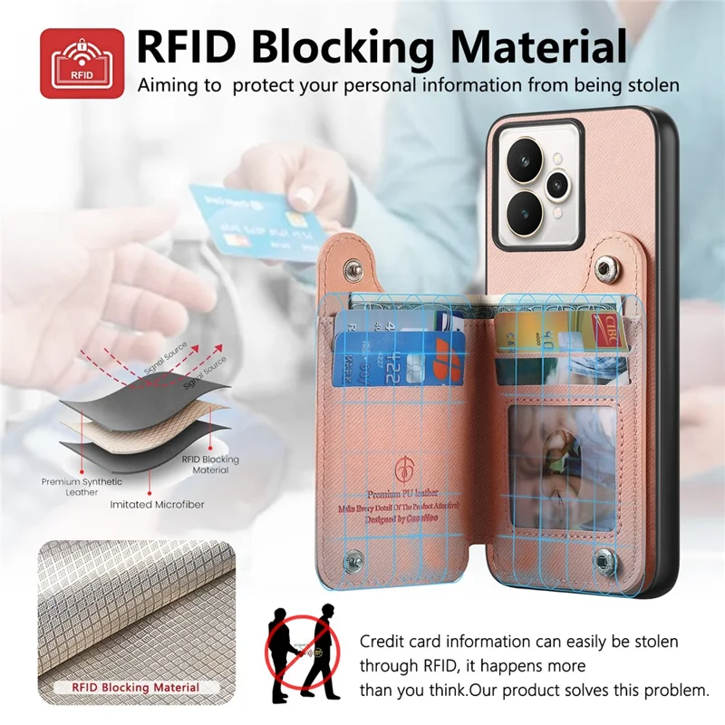 For Realme 15 5G Case RFID Blocking Card Holder Jeans Cloth Texture Leather Back Cover with Elastic Wristband - Pink