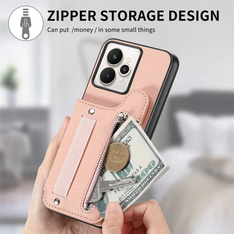 For Realme 15 5G Case RFID Blocking Card Holder Jeans Cloth Texture Leather Back Cover with Elastic Wristband - Pink