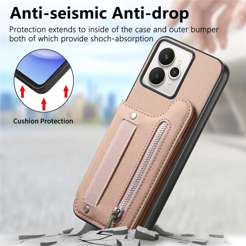 For Realme 15 5G Case RFID Blocking Card Holder Jeans Cloth Texture Leather Back Cover with Elastic Wristband - Pink