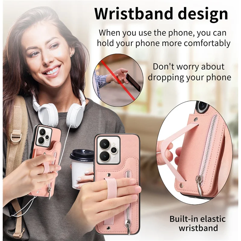 For Realme 15 5G Case RFID Blocking Card Holder Jeans Cloth Texture Leather Back Cover with Elastic Wristband - Pink