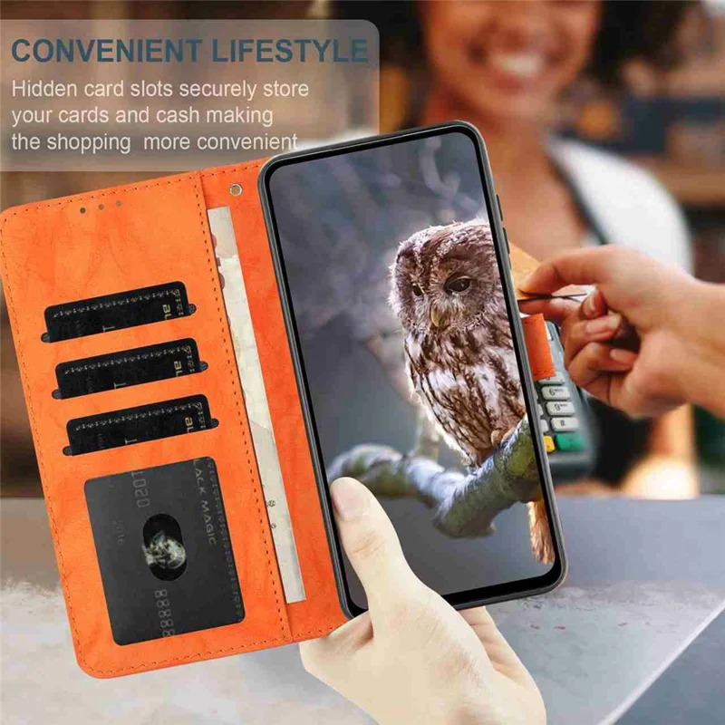 For iPhone 17 Pro Leather Case Butterfly Flower Imprinted Wallet Stand Flip Phone Cover with Wrist Strap - Orange