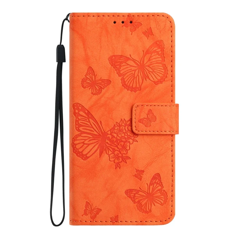 For iPhone 17 Pro Leather Case Butterfly Flower Imprinted Wallet Stand Flip Phone Cover with Wrist Strap - Orange