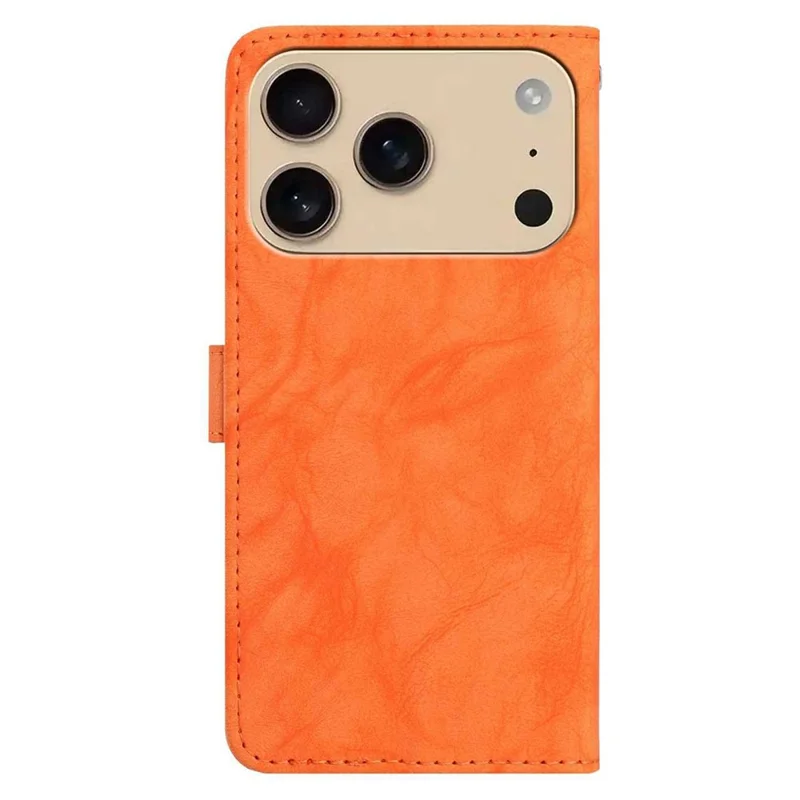 For iPhone 17 Pro Leather Case Butterfly Flower Imprinted Wallet Stand Flip Phone Cover with Wrist Strap - Orange