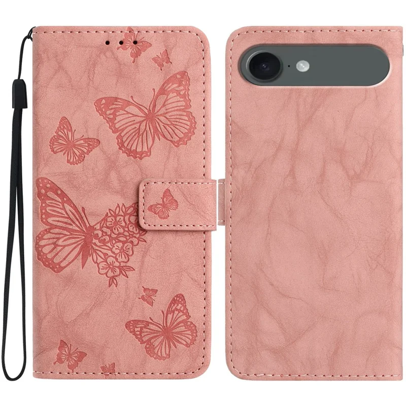 For iPhone Air Leather Case Butterfly Flower Imprinted Wallet Stand Flip Phone Cover with Wrist Strap - Pink