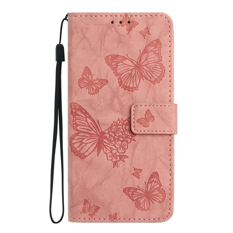 For iPhone Air Leather Case Butterfly Flower Imprinted Wallet Stand Flip Phone Cover with Wrist Strap - Pink