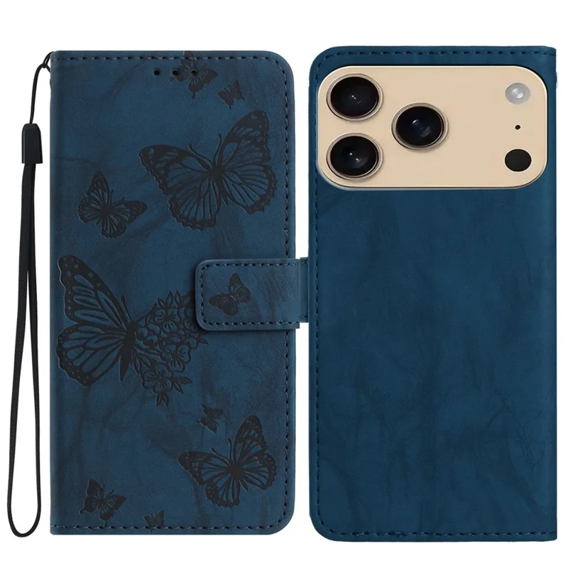 For iPhone 17 Pro Max Leather Case Butterfly Flower Imprinted Wallet Stand Flip Phone Cover with Wrist Strap - Blue