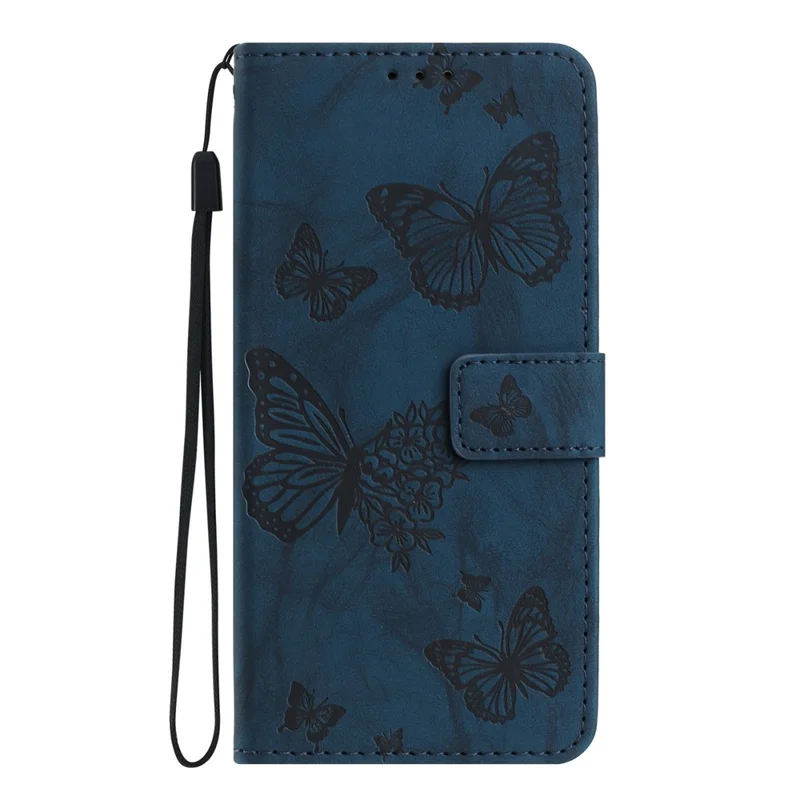 For iPhone 17 Pro Max Leather Case Butterfly Flower Imprinted Wallet Stand Flip Phone Cover with Wrist Strap - Blue
