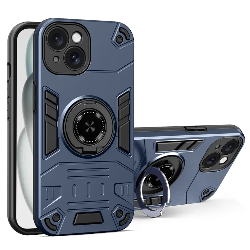 لـ هاتف iPhone 15 Plus / 14 Plus غطاء واقي مع حامل حلقي من مادة البولي كربونات والمطاط اللين مقاوم للسقوط - أزرق داكن