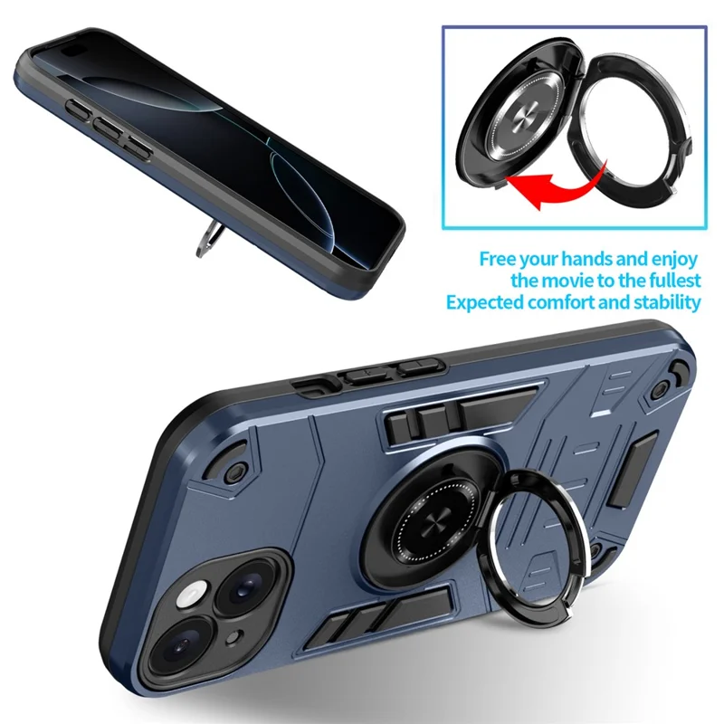 لـ هاتف iPhone 15 Plus / 14 Plus غطاء واقي مع حامل حلقي من مادة البولي كربونات والمطاط اللين مقاوم للسقوط - أزرق داكن