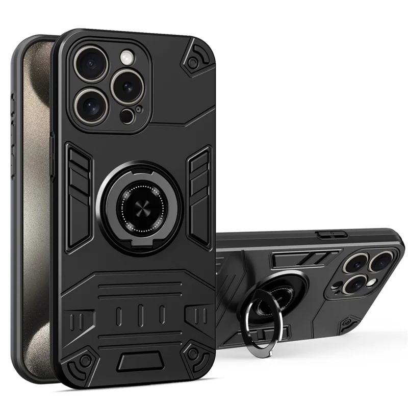 For iPhone 15 Pro Case with Ring Holder Kickstand PC + TPU Anti-Fall Phone Cover - Black