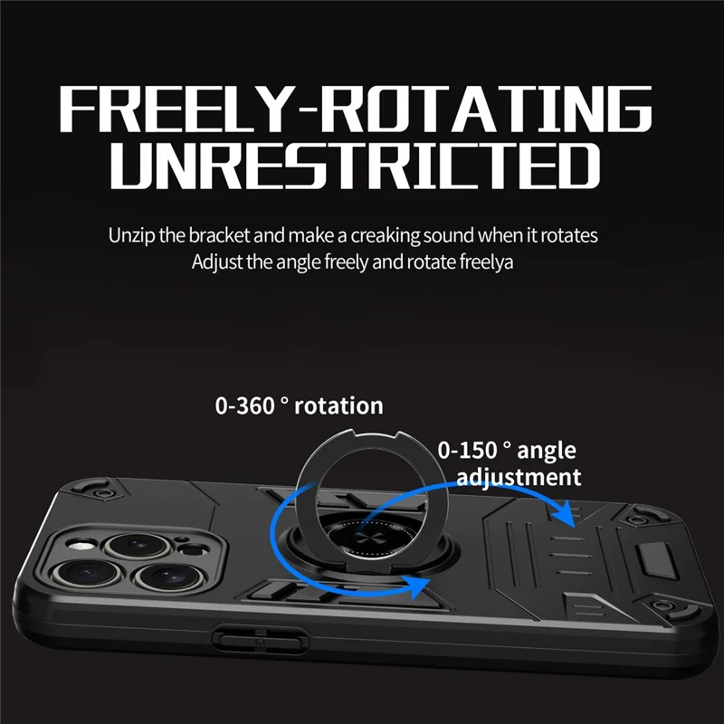 For iPhone 15 Pro Case with Ring Holder Kickstand PC + TPU Anti-Fall Phone Cover - Black