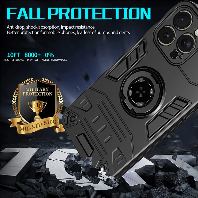 For iPhone 15 Pro Case with Ring Holder Kickstand PC + TPU Anti-Fall Phone Cover - Black