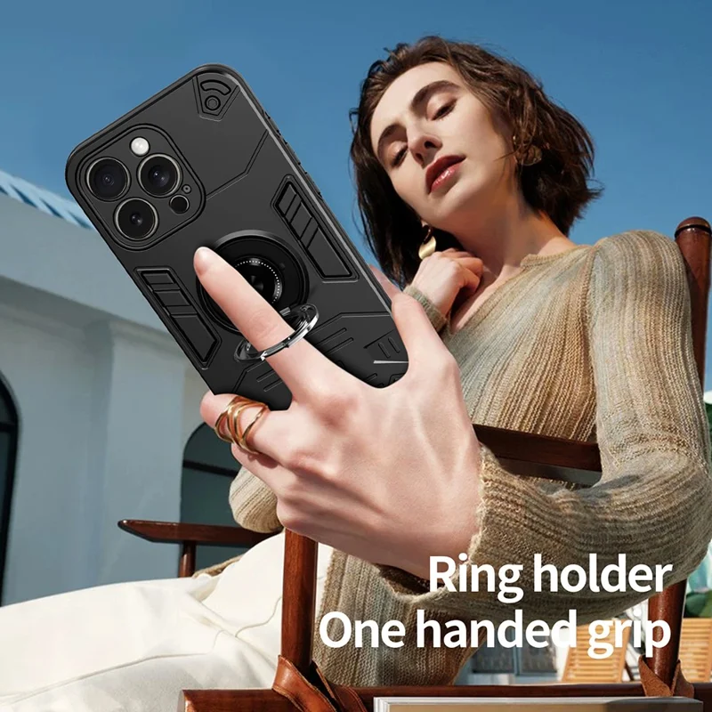 For iPhone 15 Pro Case with Ring Holder Kickstand PC + TPU Anti-Fall Phone Cover - Black
