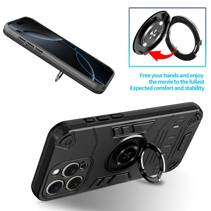 For iPhone 15 Pro Max Case with Ring Holder Kickstand PC + TPU Anti-Fall Phone Cover