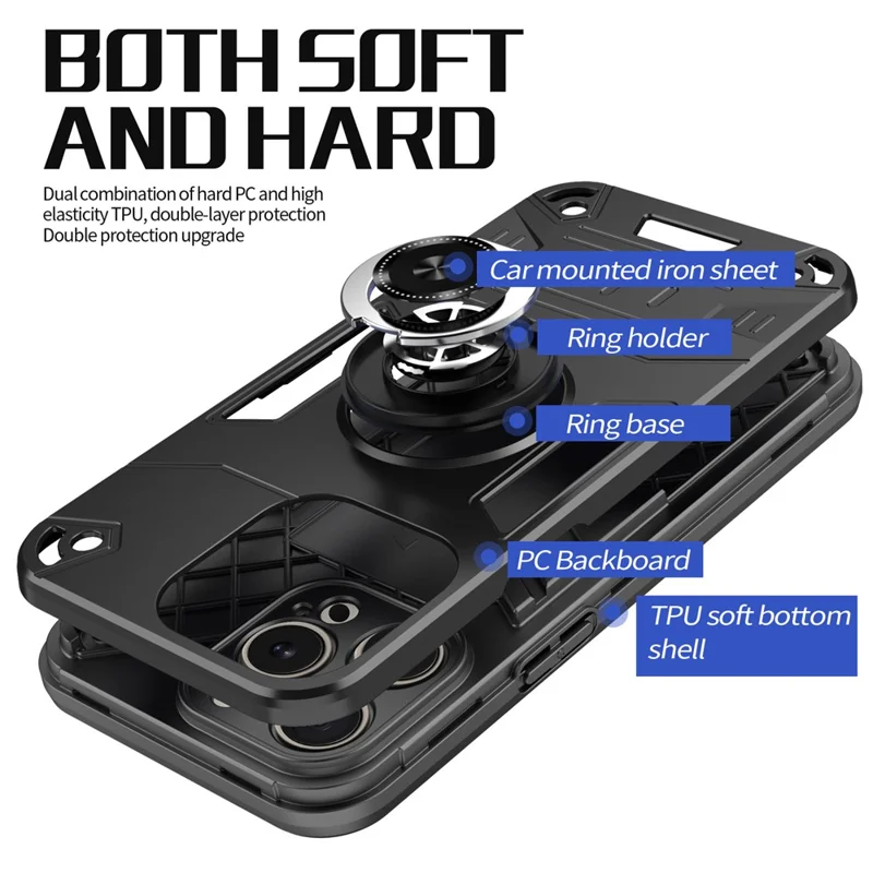 For iPhone 15 Pro Max Case with Ring Holder Kickstand PC + TPU Anti-Fall Phone Cover