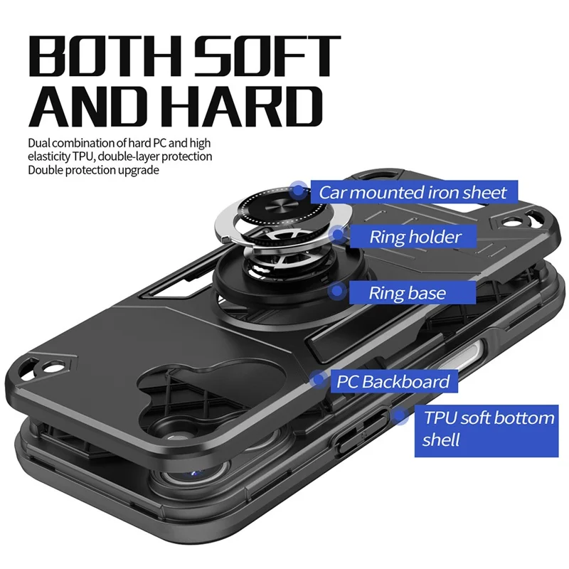 For iPhone 16 Case with Ring Holder Kickstand PC + TPU Anti-Fall Phone Cover - Black