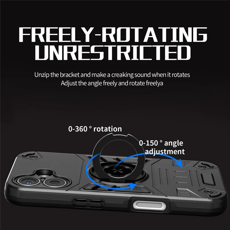 For iPhone 16 Case with Ring Holder Kickstand PC + TPU Anti-Fall Phone Cover - Black