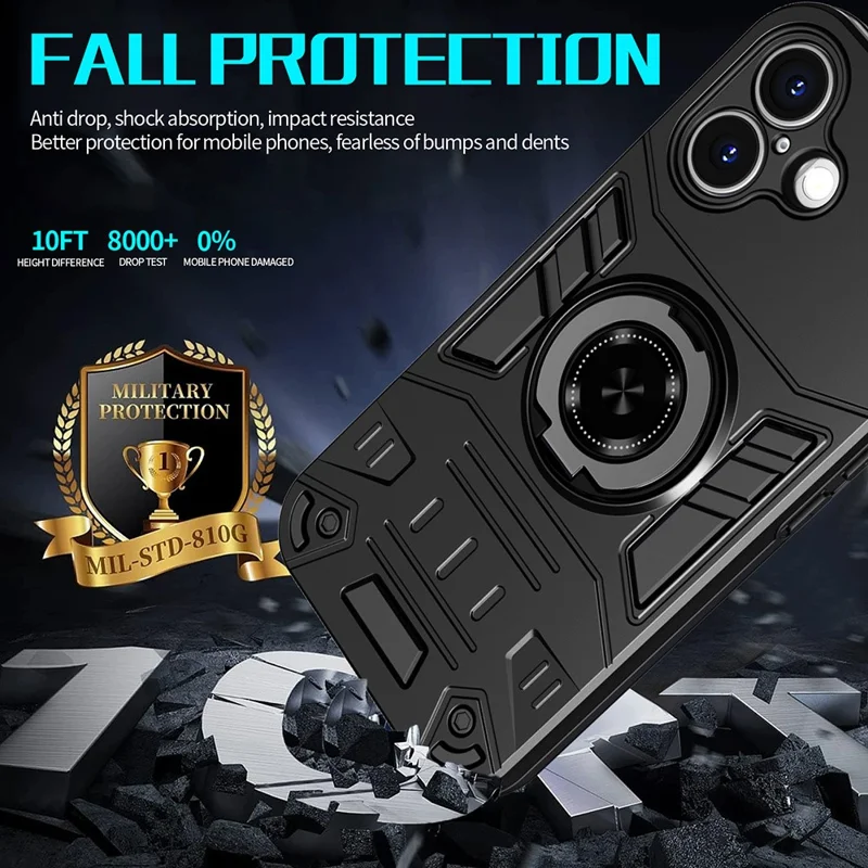 For iPhone 16 Case with Ring Holder Kickstand PC + TPU Anti-Fall Phone Cover - Black