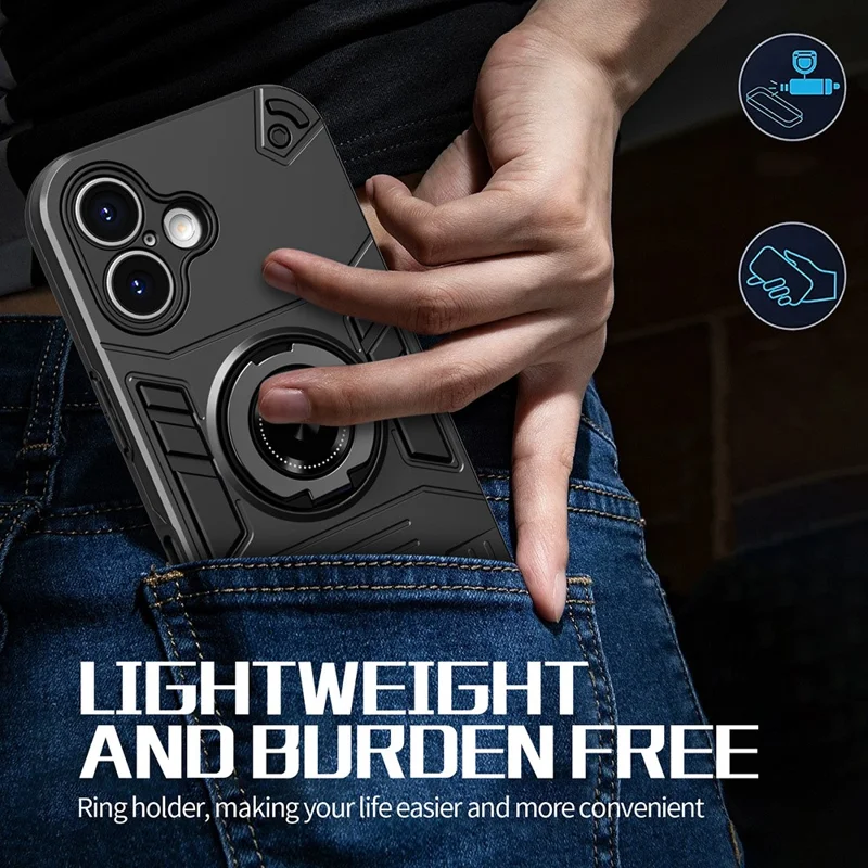 For iPhone 16 Case with Ring Holder Kickstand PC + TPU Anti-Fall Phone Cover - Black