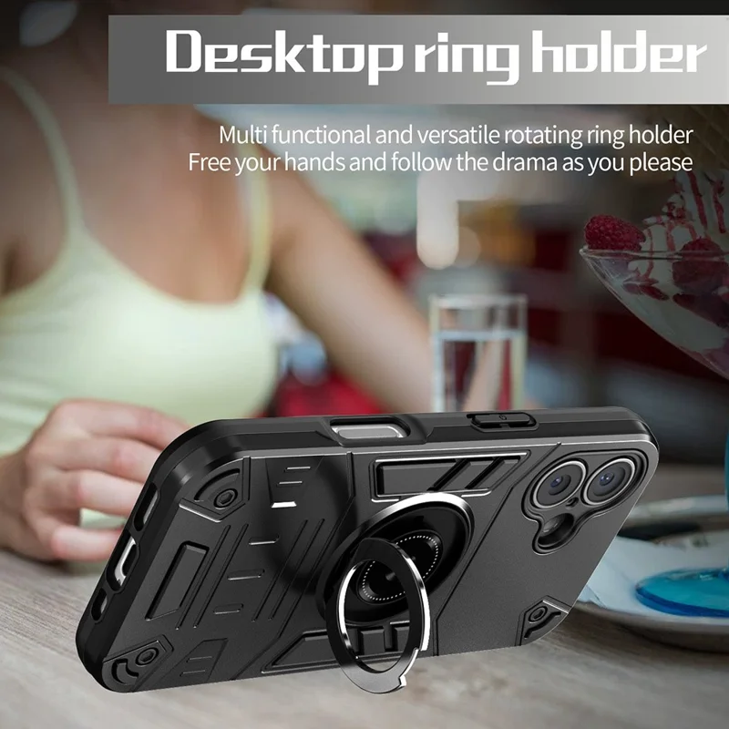 For iPhone 16 Case with Ring Holder Kickstand PC + TPU Anti-Fall Phone Cover - Black