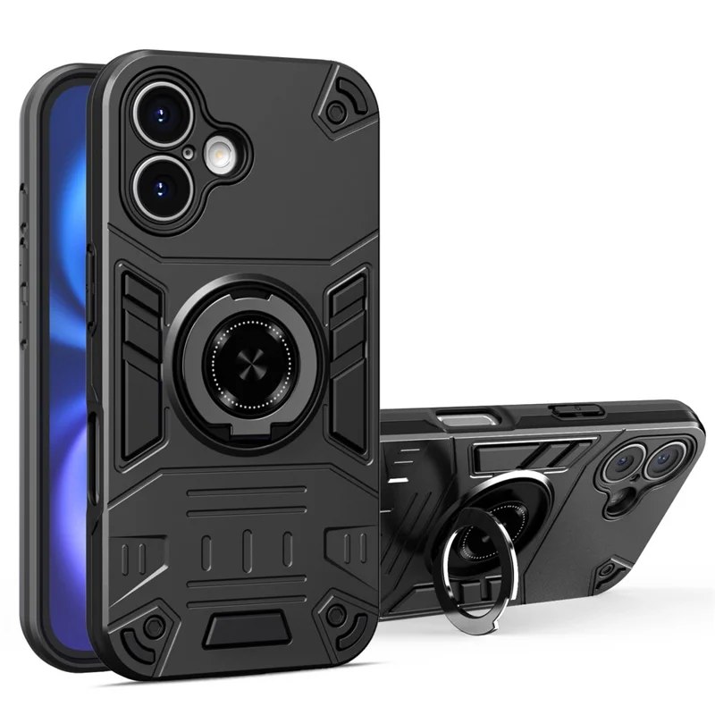 For iPhone 16 Plus Case with Ring Holder Kickstand PC + TPU Anti-Fall Phone Cover - Black