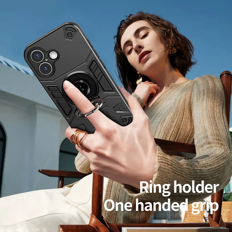 For iPhone 16 Plus Case with Ring Holder Kickstand PC + TPU Anti-Fall Phone Cover - Black