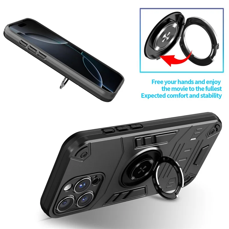 For iPhone 16 Pro Case with Ring Holder Kickstand PC + TPU Anti-Fall Phone Cover - Black