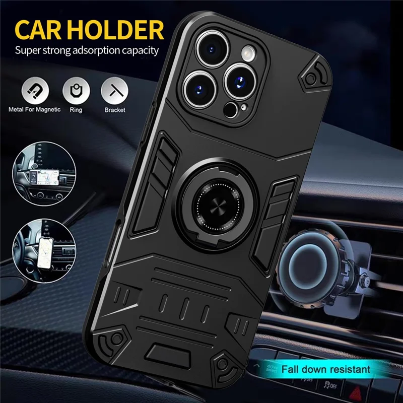 For iPhone 16 Pro Case with Ring Holder Kickstand PC + TPU Anti-Fall Phone Cover - Black