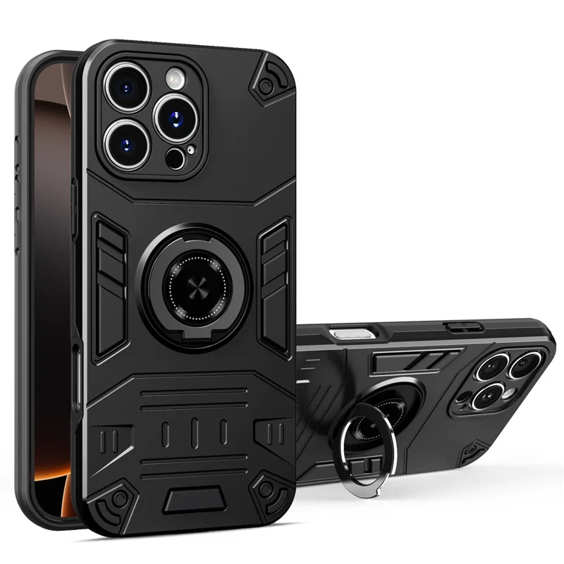 For iPhone 16 Pro Max Case with Ring Holder Kickstand PC + TPU Anti-Fall Phone Cover - Black
