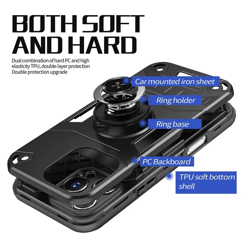 For iPhone 16 Pro Max Case with Ring Holder Kickstand PC + TPU Anti-Fall Phone Cover - Black