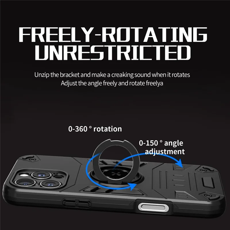 For iPhone 16 Pro Max Case with Ring Holder Kickstand PC + TPU Anti-Fall Phone Cover - Black
