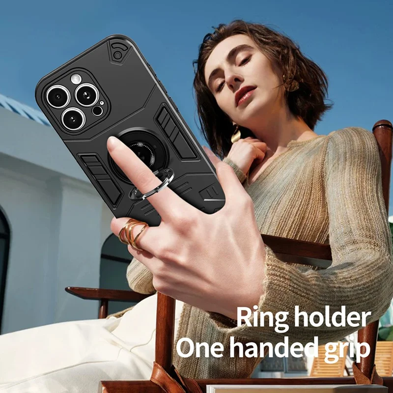 For iPhone 16 Pro Max Case with Ring Holder Kickstand PC + TPU Anti-Fall Phone Cover - Black