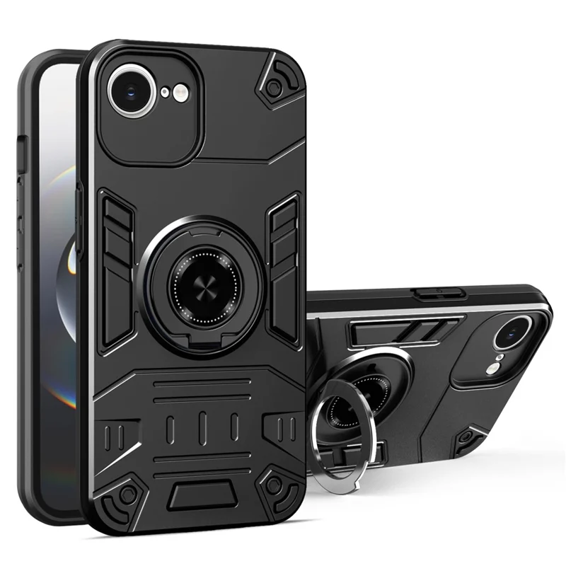 For iPhone 17e / 16e Case with Ring Holder Kickstand PC + TPU Anti-Fall Phone Cover - Black