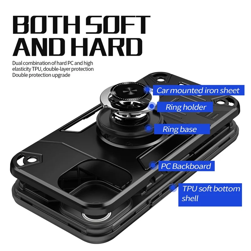 For iPhone 17e / 16e Case with Ring Holder Kickstand PC + TPU Anti-Fall Phone Cover - Black