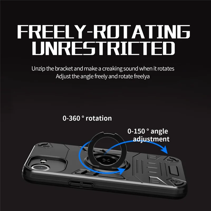 For iPhone 17e / 16e Case with Ring Holder Kickstand PC + TPU Anti-Fall Phone Cover - Black