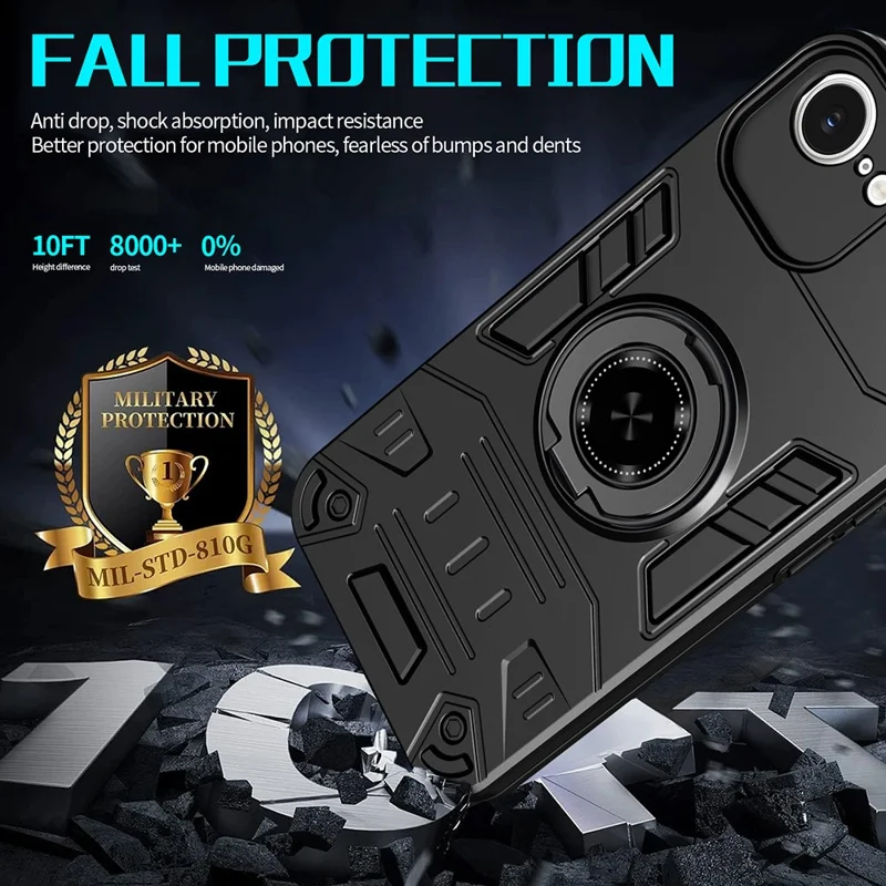 For iPhone 17e / 16e Case with Ring Holder Kickstand PC + TPU Anti-Fall Phone Cover - Black