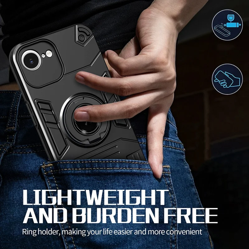 For iPhone 17e / 16e Case with Ring Holder Kickstand PC + TPU Anti-Fall Phone Cover - Black