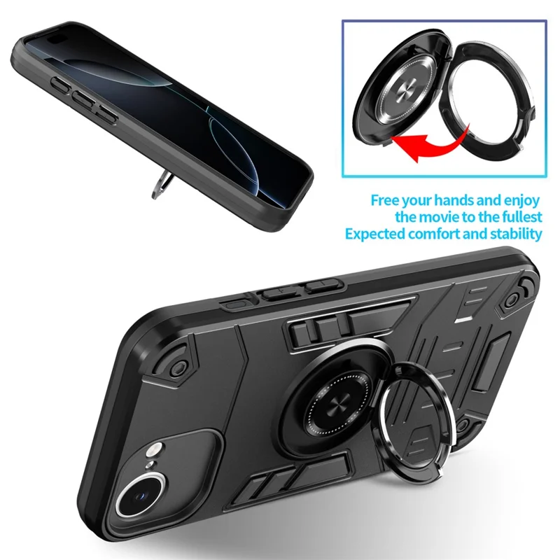 For iPhone 17e / 16e Case with Ring Holder Kickstand PC + TPU Anti-Fall Phone Cover - Black