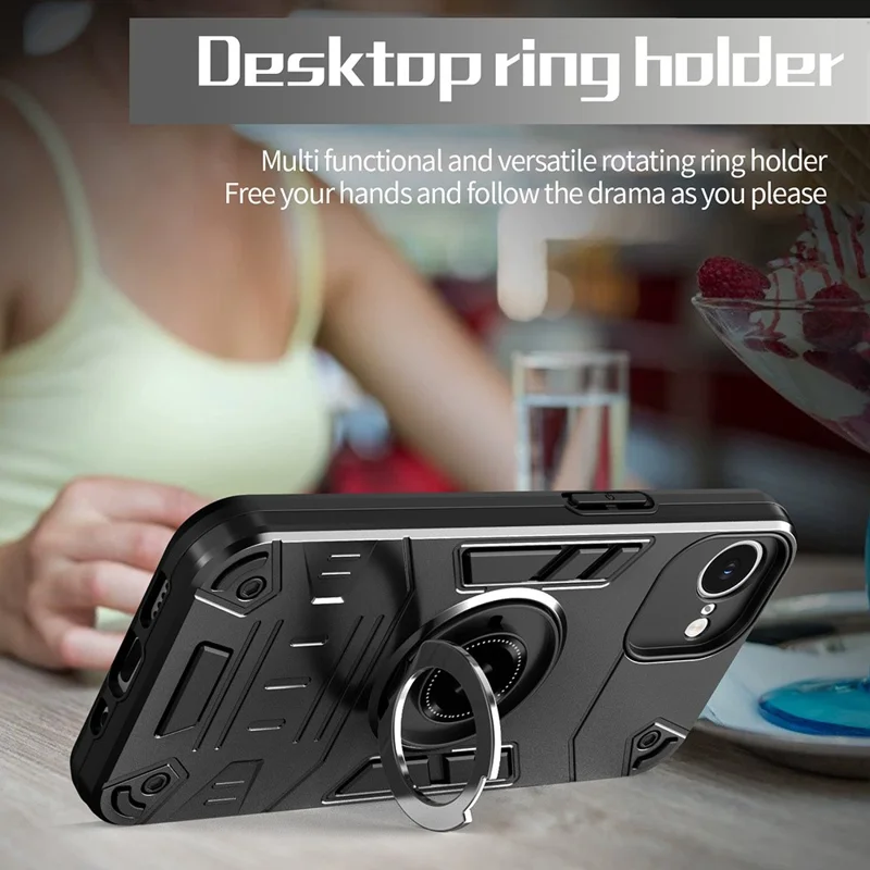 For iPhone 17e / 16e Case with Ring Holder Kickstand PC + TPU Anti-Fall Phone Cover - Black